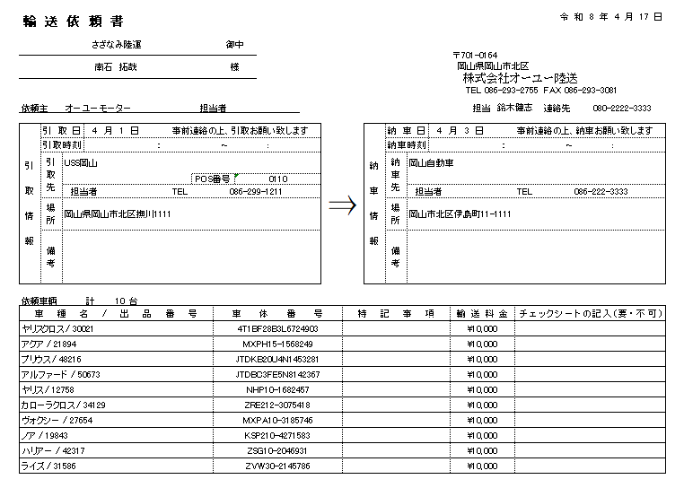 協力会社への輸送依頼書